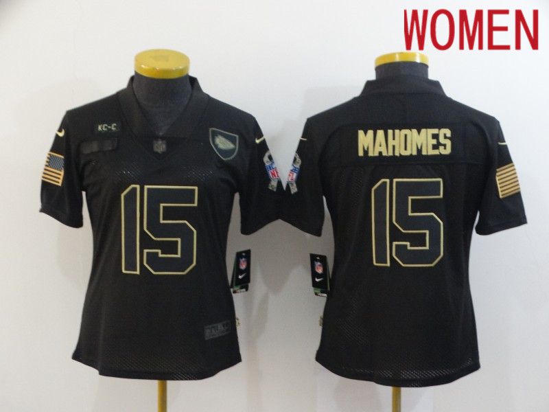 Women Kansas City Chiefs #15 Mahomes Black Retro Gold Lettering 2020 Nike NFL Jersey